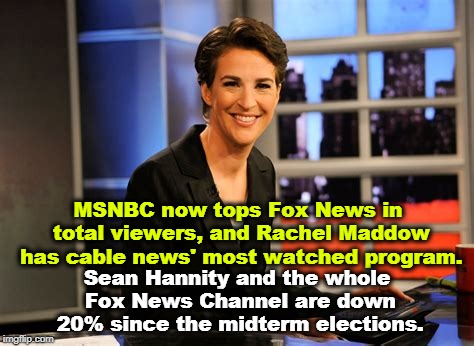 The country is changing, and you get to watch! | MSNBC now tops Fox News in total viewers, and Rachel Maddow has cable news' most watched program. Sean Hannity and the whole Fox News Channel are down 20% since the midterm elections. | image tagged in msnbc,fox news,rachel maddow,sean hannity,midterms | made w/ Imgflip meme maker