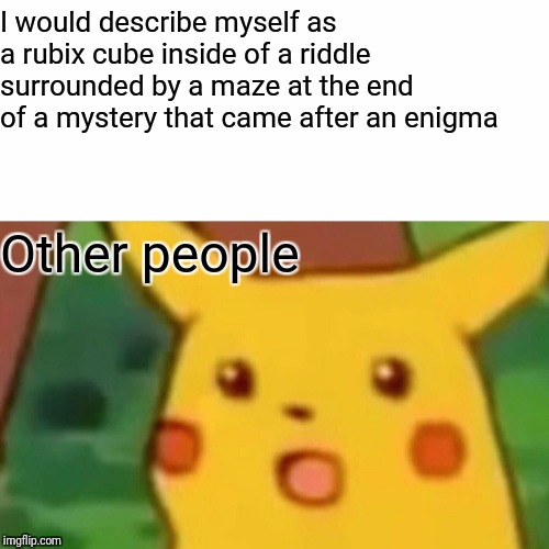 Surprised Pikachu | I would describe myself as a rubix cube inside of a riddle surrounded by a maze at the end of a mystery that came after an enigma; Other people | image tagged in memes,surprised pikachu | made w/ Imgflip meme maker