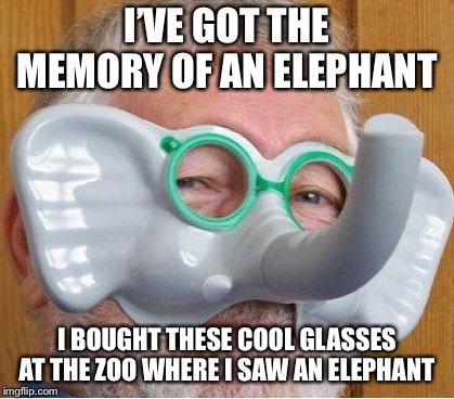 Good memory  | I’VE GOT THE MEMORY OF AN ELEPHANT; I BOUGHT THESE COOL GLASSES AT THE ZOO WHERE I SAW AN ELEPHANT | image tagged in elephantman,memes,what if i told you | made w/ Imgflip meme maker