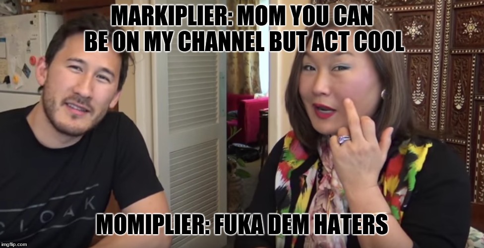 Markiplier Meme | MARKIPLIER: MOM YOU CAN BE ON MY CHANNEL BUT ACT COOL; MOMIPLIER: FUKA DEM HATERS | image tagged in markiplier,funny,hilarious,mom,cool | made w/ Imgflip meme maker