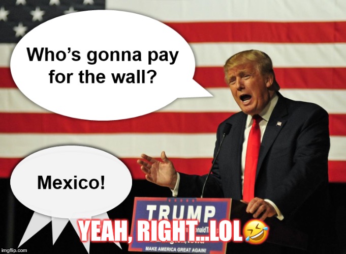 Who’s Paying For The Wall? | YEAH, RIGHT...LOL🤣 | image tagged in donald trump,the wall,mexico,lol,paying for the wall | made w/ Imgflip meme maker