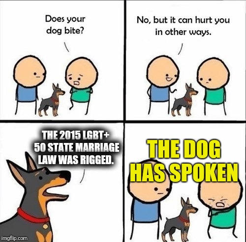 does your dog bite | THE 2015 LGBT+ 50 STATE MARRIAGE LAW WAS RIGGED. THE DOG HAS SPOKEN | image tagged in does your dog bite | made w/ Imgflip meme maker