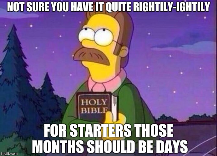Ned Flanders and Bible | NOT SURE YOU HAVE IT QUITE RIGHTILY-IGHTILY FOR STARTERS THOSE MONTHS SHOULD BE DAYS | image tagged in ned flanders and bible | made w/ Imgflip meme maker