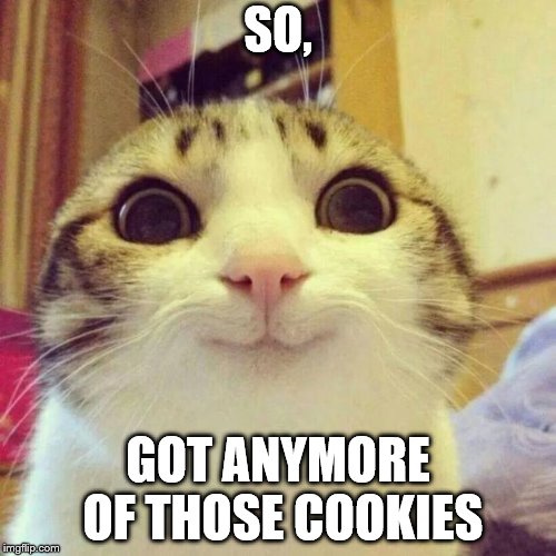 Smiling Cat Meme | SO, GOT ANYMORE OF THOSE COOKIES | image tagged in memes,smiling cat | made w/ Imgflip meme maker