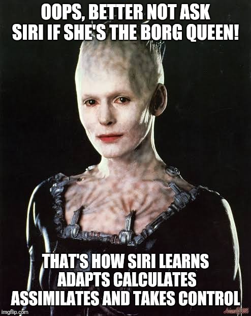 Adapt and assimilate  | OOPS, BETTER NOT ASK SIRI IF SHE'S THE BORG QUEEN! THAT'S HOW SIRI LEARNS ADAPTS CALCULATES ASSIMILATES AND TAKES CONTROL | image tagged in siri | made w/ Imgflip meme maker