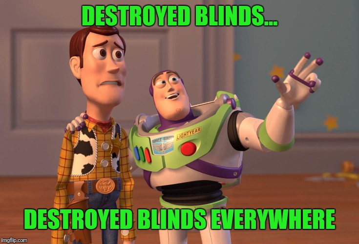 X, X Everywhere Meme | DESTROYED BLINDS... DESTROYED BLINDS EVERYWHERE | image tagged in memes,x x everywhere | made w/ Imgflip meme maker