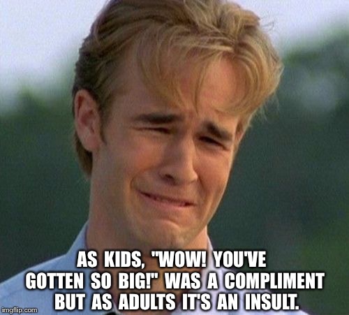 1990s First World Problems Meme | AS  KIDS,  "WOW!  YOU'VE  GOTTEN  SO  BIG!"  WAS  A  COMPLIMENT  BUT  AS  ADULTS  IT'S  AN  INSULT. | image tagged in memes,1990s first world problems | made w/ Imgflip meme maker