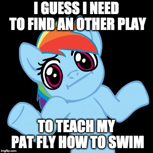 Pony Shrugs Meme | I GUESS I NEED TO FIND AN OTHER PLAY TO TEACH MY PAT FLY HOW TO SWIM | image tagged in memes,pony shrugs | made w/ Imgflip meme maker