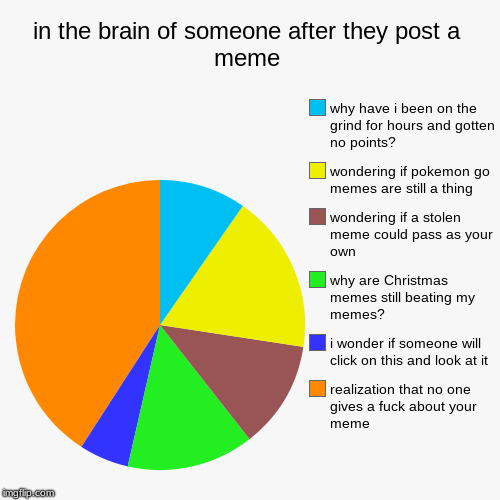 in the brain of someone after they post a meme | realization that no one gives a f**k about your meme, i wonder if someone will click on thi | image tagged in funny,pie charts | made w/ Imgflip chart maker