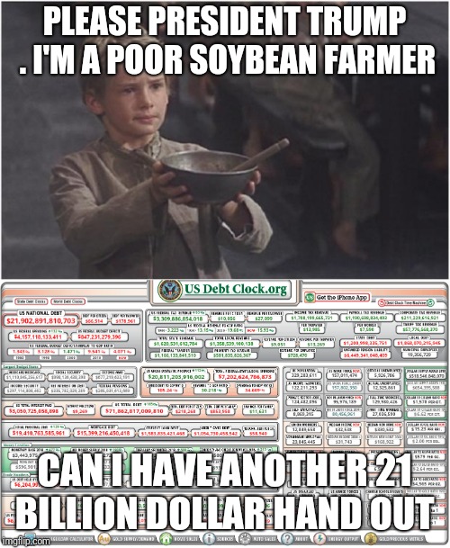 PLEASE PRESIDENT TRUMP . I'M A POOR SOYBEAN FARMER; CAN I HAVE ANOTHER 21 BILLION DOLLAR HAND OUT | image tagged in oliver twist please sir,trump,soybeans,tariff,bailout | made w/ Imgflip meme maker