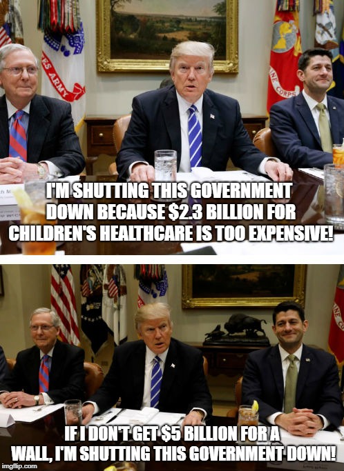Conservatives can't even with budgets | I'M SHUTTING THIS GOVERNMENT DOWN BECAUSE $2.3 BILLION FOR CHILDREN'S HEALTHCARE IS TOO EXPENSIVE! IF I DON'T GET $5 BILLION FOR A WALL, I'M SHUTTING THIS GOVERNMENT DOWN! | image tagged in border wall,conservative hypocrisy,trump,maga | made w/ Imgflip meme maker