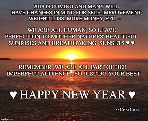 JUST DO YOUR BEST 2019 | 2019 IS COMING AND MANY WILL HAVE CHANGES IN MIND FOR SELF-IMPROVEMENT, WEIGHT LOSS, MORE MONEY, ETC. ~; WE ARE ALL HUMAN, SO LEAVE PERFECTION TO MOTHER NATURES' BEAUTIFUL SUNRISES AND BREATHTAKING  SUNSETS ♥ ♥; REMEMBER ,WE ARE ALL PART OF HER IMPERFECT AUDIENCE...SO JUST DO YOUR BEST; ♥ HAPPY NEW YEAR ♥; ~ Cree Cree | image tagged in sun rise,happy new year,2019,be yourself,perfection,nature | made w/ Imgflip meme maker