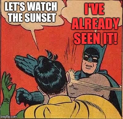 Batman Slapping Robin Meme | LET'S WATCH THE SUNSET; I'VE ALREADY SEEN IT! | image tagged in memes,batman slapping robin | made w/ Imgflip meme maker
