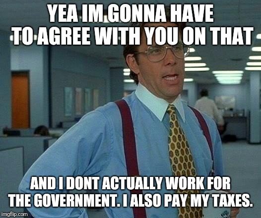 That Would Be Great Meme | YEA IM GONNA HAVE TO AGREE WITH YOU ON THAT AND I DONT ACTUALLY WORK FOR THE GOVERNMENT. I ALSO PAY MY TAXES. | image tagged in memes,that would be great | made w/ Imgflip meme maker