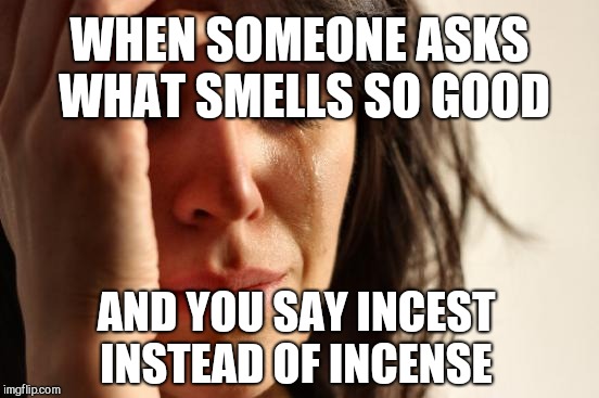 First World Problems Meme | WHEN SOMEONE ASKS WHAT SMELLS SO GOOD; AND YOU SAY INCEST INSTEAD OF INCENSE | image tagged in memes,first world problems | made w/ Imgflip meme maker