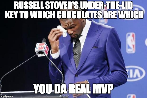 You The Real MVP 2 | RUSSELL STOVER'S UNDER-THE-LID KEY TO WHICH CHOCOLATES ARE WHICH; YOU DA REAL MVP | image tagged in memes,you the real mvp 2,AdviceAnimals | made w/ Imgflip meme maker