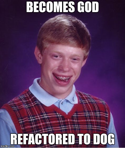 Bad Luck Brian Meme | BECOMES GOD; REFACTORED TO DOG | image tagged in memes,bad luck brian | made w/ Imgflip meme maker