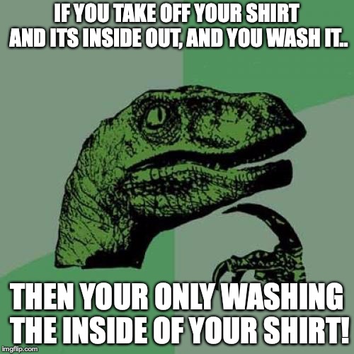 Philosoraptor Meme | IF YOU TAKE OFF YOUR SHIRT AND ITS INSIDE OUT, AND YOU WASH IT.. THEN YOUR ONLY WASHING THE INSIDE OF YOUR SHIRT! | image tagged in memes,philosoraptor | made w/ Imgflip meme maker