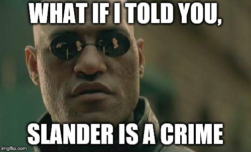 Matrix Morpheus Meme | WHAT IF I TOLD YOU, SLANDER IS A CRIME | image tagged in memes,matrix morpheus | made w/ Imgflip meme maker
