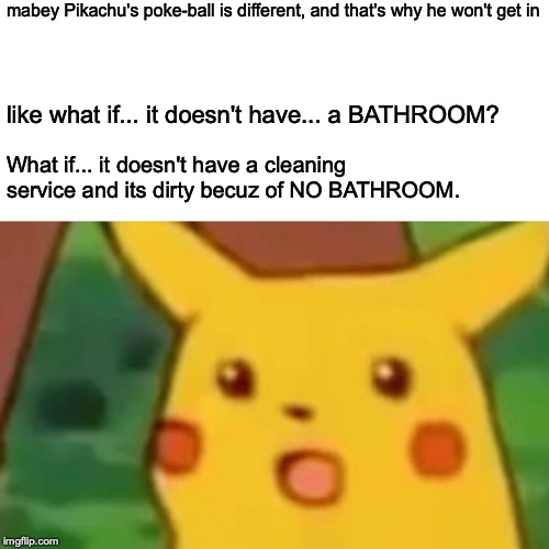 Surprised Pikachu Meme | mabey Pikachu's poke-ball is different, and that's why he won't get in; like what if... it doesn't have... a BATHROOM? What if... it doesn't have a cleaning service and its dirty becuz of NO BATHROOM. | image tagged in memes,surprised pikachu | made w/ Imgflip meme maker