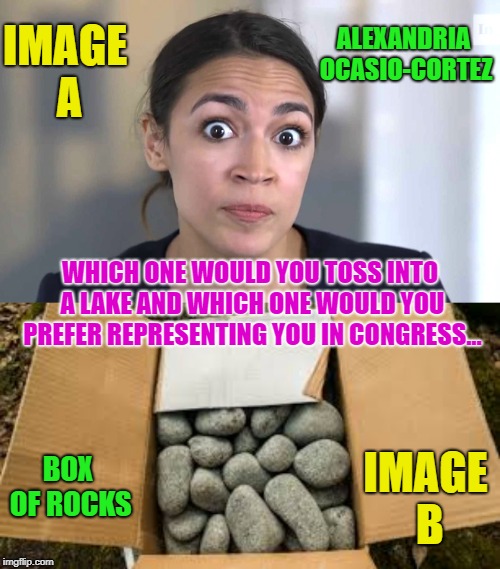 Which one would you toss into a lake and which one would you prefer representing you in congress... | IMAGE A; ALEXANDRIA OCASIO-CORTEZ; WHICH ONE WOULD YOU TOSS INTO A LAKE AND WHICH ONE WOULD YOU PREFER REPRESENTING YOU IN CONGRESS... BOX OF ROCKS; IMAGE B | image tagged in political meme,alexandria ocasio-cortez,clueless liberal,duh,dumb as a box of rocks,democrat | made w/ Imgflip meme maker