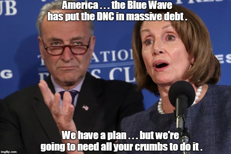 The DNC Debt needs your Crumbs | America . . . the Blue Wave has put the DNC in massive debt . We have a plan . . . but we're going to need all your crumbs to do it . | image tagged in chuck schumer,nancy pelosi,crumbs | made w/ Imgflip meme maker