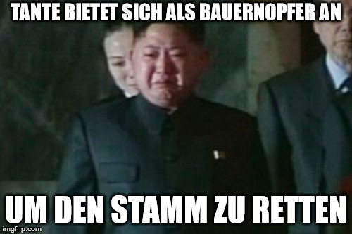 Kim Jong Un Sad Meme | TANTE BIETET SICH ALS BAUERNOPFER AN; UM DEN STAMM ZU RETTEN | image tagged in memes,kim jong un sad | made w/ Imgflip meme maker