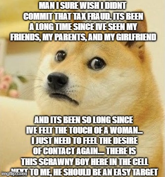 doge goes to prison for tax fraud | MAN I SURE WISH I DIDNT COMMIT THAT TAX FRAUD. ITS BEEN A LONG TIME SINCE IVE SEEN MY FRIENDS, MY PARENTS, AND MY GIRLFRIEND; AND ITS BEEN SO LONG SINCE IVE FELT THE TOUCH OF A WOMAN... I JUST NEED TO FEEL THE DESIRE OF CONTACT AGAIN.... THERE IS THIS SCRAWNY BOY HERE IN THE CELL NEXT TO ME, HE SHOULD BE AN EASY TARGET | image tagged in doge | made w/ Imgflip meme maker