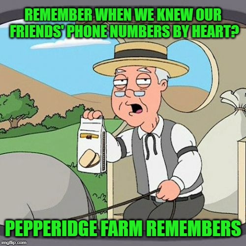 Pepperidge Farm Remembers Meme | REMEMBER WHEN WE KNEW OUR FRIENDS' PHONE NUMBERS BY HEART? PEPPERIDGE FARM REMEMBERS | image tagged in memes,pepperidge farm remembers | made w/ Imgflip meme maker