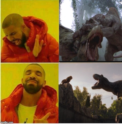 Rexy vs Lion is the true fight  | image tagged in jurassic world,jurassic park t rex,jurassic park,lion,t-rex,drake hotline approves | made w/ Imgflip meme maker