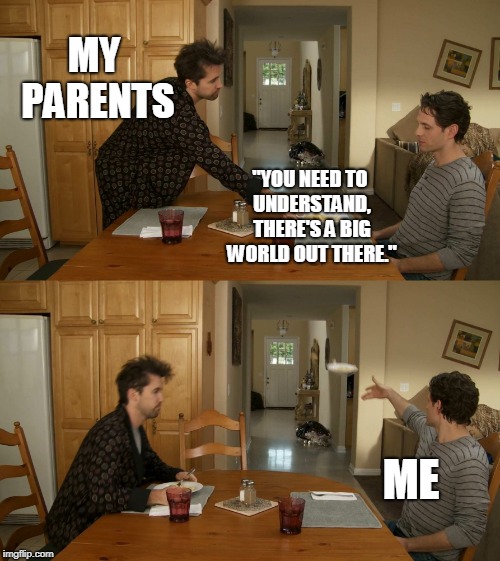 Plate toss | MY PARENTS; "YOU NEED TO UNDERSTAND, THERE'S A BIG WORLD OUT THERE."; ME | image tagged in plate toss | made w/ Imgflip meme maker