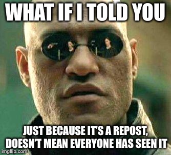 What if i told you | WHAT IF I TOLD YOU; JUST BECAUSE IT’S A REPOST, DOESN’T MEAN EVERYONE HAS SEEN IT | image tagged in what if i told you,AdviceAnimals | made w/ Imgflip meme maker