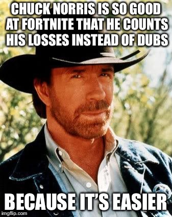 Chuck Norris | CHUCK NORRIS IS SO GOOD AT FORTNITE THAT HE COUNTS HIS LOSSES INSTEAD OF DUBS; BECAUSE IT’S EASIER | image tagged in memes,chuck norris | made w/ Imgflip meme maker