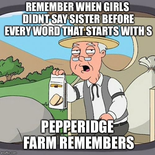 Pepperidge Farm Remembers | REMEMBER WHEN GIRLS DIDNT SAY SISTER BEFORE EVERY WORD THAT STARTS WITH S; PEPPERIDGE FARM REMEMBERS | image tagged in memes,pepperidge farm remembers | made w/ Imgflip meme maker