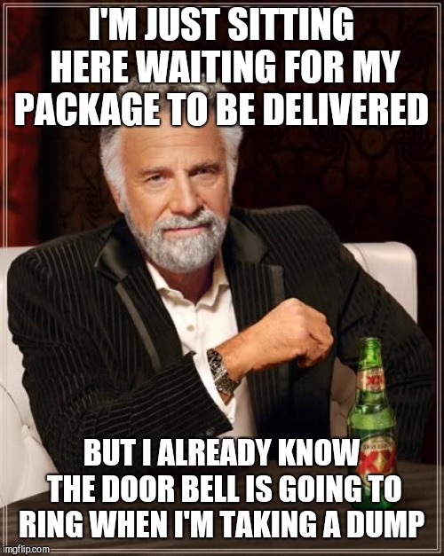 The Most Interesting Man In The World Meme | I'M JUST SITTING HERE WAITING FOR MY PACKAGE TO BE DELIVERED; BUT I ALREADY KNOW THE DOOR BELL IS GOING TO RING WHEN I'M TAKING A DUMP | image tagged in memes,the most interesting man in the world | made w/ Imgflip meme maker