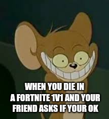 Meme
 | WHEN YOU DIE IN A FORTNITE 1V1 AND YOUR FRIEND ASKS IF YOUR OK | image tagged in fortnite meme | made w/ Imgflip meme maker