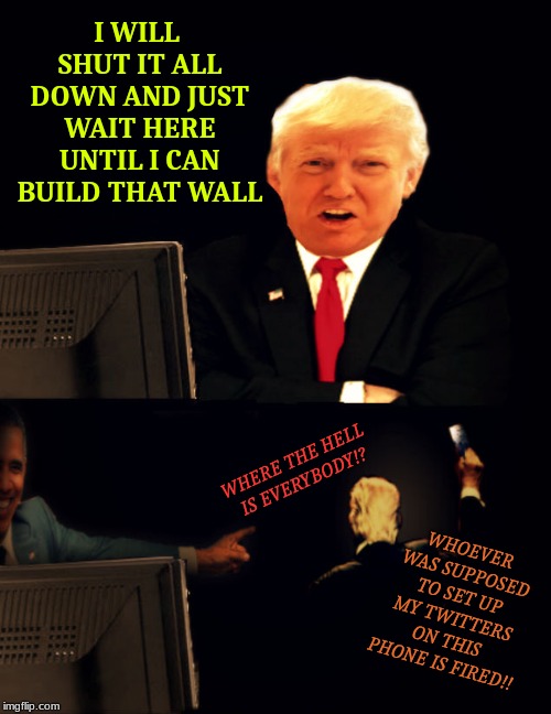 Shut it down and let it all burn!!!! | I WILL SHUT IT ALL DOWN AND JUST WAIT HERE UNTIL I CAN BUILD THAT WALL; WHERE THE HELL IS EVERYBODY!? WHOEVER WAS SUPPOSED TO SET UP MY TWITTERS ON THIS PHONE IS FIRED!! | image tagged in trump twitter,burn baby burn,great wall of trump | made w/ Imgflip meme maker