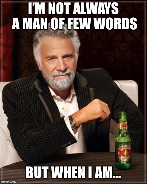 Strong silent type  | I’M NOT ALWAYS A MAN OF FEW WORDS; BUT WHEN I AM... | image tagged in memes,the most interesting man in the world,quiet,meme,funny | made w/ Imgflip meme maker