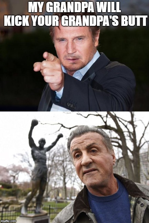 my grandpa | MY GRANDPA WILL KICK YOUR GRANDPA'S BUTT | image tagged in liam neeson point,sylvester stallone,old | made w/ Imgflip meme maker