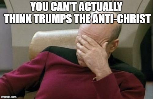 Captain Picard Facepalm Meme | YOU CAN'T ACTUALLY THINK TRUMPS THE ANTI-CHRIST | image tagged in memes,captain picard facepalm | made w/ Imgflip meme maker