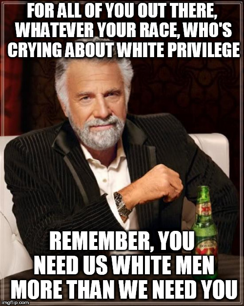 The Most Interesting Man In The World Meme | FOR ALL OF YOU OUT THERE, WHATEVER YOUR RACE, WHO'S CRYING ABOUT WHITE PRIVILEGE; REMEMBER, YOU NEED US WHITE MEN MORE THAN WE NEED YOU | image tagged in memes,the most interesting man in the world | made w/ Imgflip meme maker