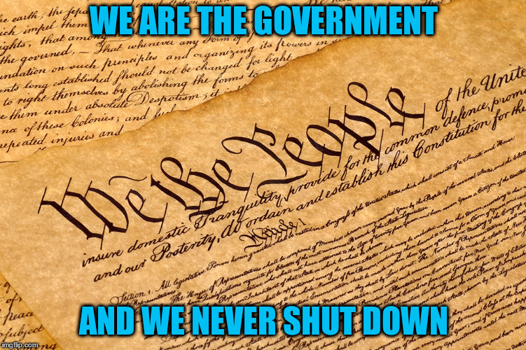 Politicians Beware | WE ARE THE GOVERNMENT; AND WE NEVER SHUT DOWN | image tagged in us constitution | made w/ Imgflip meme maker