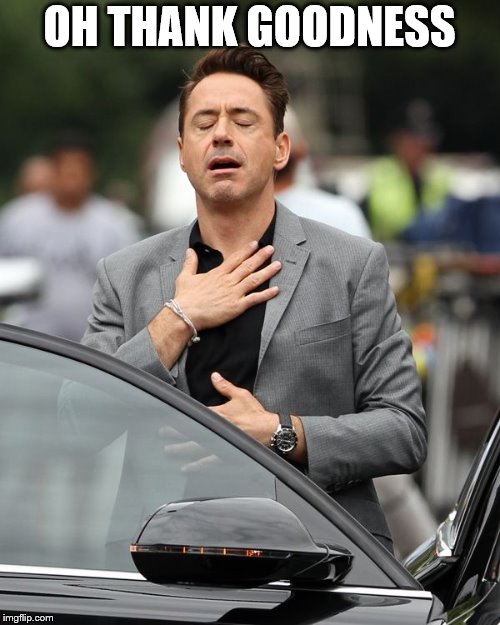 Robert Downey Jr | OH THANK GOODNESS | image tagged in robert downey jr | made w/ Imgflip meme maker