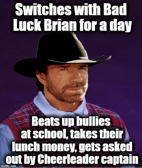 Thanks to Jying for template | Switches with Bad Luck Brian for a day; Beats up bullies at school, takes their lunch money, gets asked out by Cheerleader captain | image tagged in bad luck brian,chuck norris,cool,funny | made w/ Imgflip meme maker