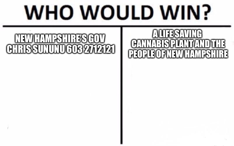 Who Would Win? Meme | NEW HAMPSHIRE’S GOV CHRIS SUNUNU 603 2712121; A LIFE SAVING CANNABIS PLANT AND THE PEOPLE OF NEW HAMPSHIRE | image tagged in memes,who would win | made w/ Imgflip meme maker