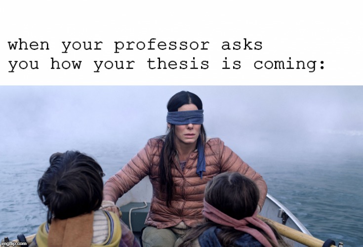 Bird Box | when your professor asks you how your thesis is coming: | image tagged in bird box | made w/ Imgflip meme maker