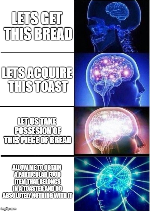 Expanding Brain | LETS GET THIS BREAD; LETS ACQUIRE THIS TOAST; LET US TAKE POSSESION OF THIS PIECE OF BREAD; ALLOW ME TO OBTAIN A PARTICULAR FOOD ITEM THAT BELONGS IN A TOASTER AND DO ABSOLUTELY NOTHING WITH IT | image tagged in memes,expanding brain | made w/ Imgflip meme maker