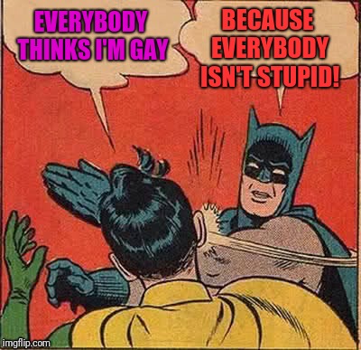 Batman Slapping Robin Meme | BECAUSE EVERYBODY ISN'T STUPID! EVERYBODY THINKS I'M GAY | image tagged in memes,batman slapping robin | made w/ Imgflip meme maker