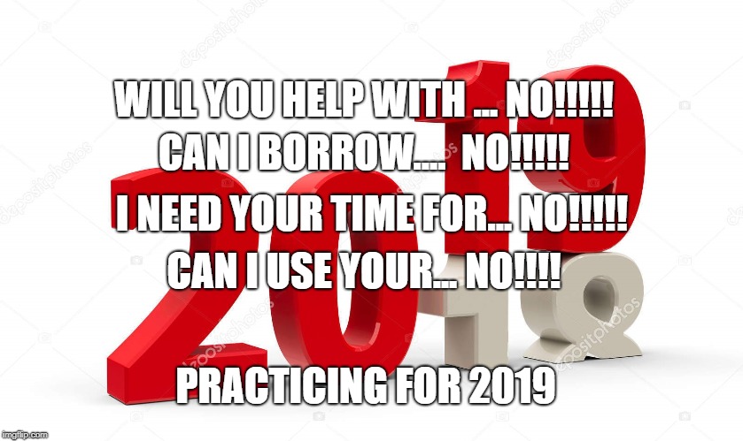 2019 | WILL YOU HELP WITH ... NO!!!!! CAN I BORROW....  NO!!!!! I NEED YOUR TIME FOR... NO!!!!! CAN I USE YOUR... NO!!!! PRACTICING FOR 2019 | image tagged in new years | made w/ Imgflip meme maker