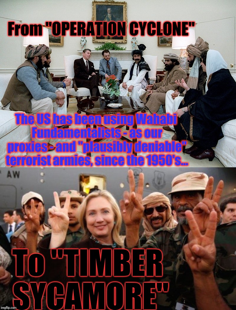 From "OPERATION CYCLONE"; The US has been using Wahabi Fundamentalists - as our proxies - and "plausibly deniable" terrorist armies, since the 1950's... To "TIMBER SYCAMORE" | made w/ Imgflip meme maker